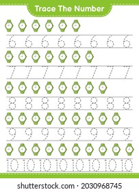 Rastrear el número. Número de seguimiento con relojes. Juego infantil educativo, hoja de cálculo imprimible, ilustración vectorial