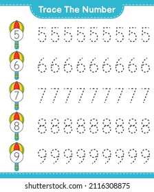 Trace the number. Tracing number with Water Gun. Educational children game, printable worksheet, vector illustration