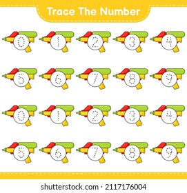 Trace the number. Tracing number with Water Gun. Educational children game, printable worksheet, vector illustration