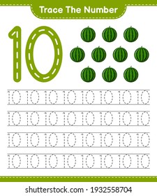 Rastrear el número. Número de seguimiento con sandía. Juego infantil educativo, hoja de cálculo imprimible, ilustración vectorial