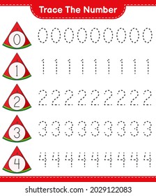 Trace the number. Tracing number with Watermelon. Educational children game, printable worksheet, vector illustration