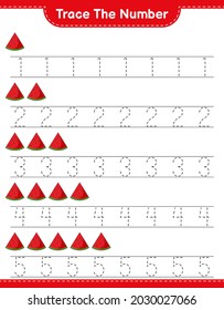 Trace the number. Tracing number with Watermelon. Educational children game, printable worksheet, vector illustration