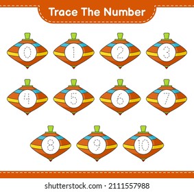 Trace the number. Tracing number with Whirligig Toy. Educational children game, printable worksheet, vector illustration