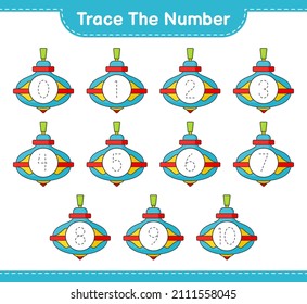 Trace the number. Tracing number with Whirligig Toy. Educational children game, printable worksheet, vector illustration