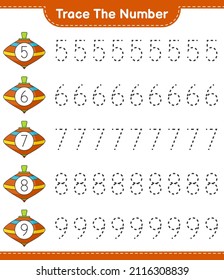Trace the number. Tracing number with Whirligig Toy. Educational children game, printable worksheet, vector illustration