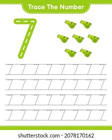 Trace the number. Tracing number with Whistle. Educational children game, printable worksheet, vector illustration