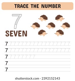 Trace the number . Tracing number worksheet for kindergarten, preschool for learning numbers and handwriting practice activities. Educational children game, printable worksheet. Vector illustration