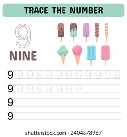 Trace the number . Tracing number worksheet for kindergarten, preschool for learning numbers and handwriting practice activities. Educational children game, printable worksheet. Vector illustration 