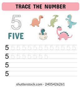 Trace the number . Tracing number worksheet for kindergarten, preschool for learning numbers and handwriting practice activities. Educational children game, printable worksheet. Vector illustration 