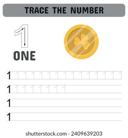 Trace the number . Tracing number worksheet for kindergarten, preschool for learning numbers and handwriting practice activities. Educational children game, printable worksheet. Vector illustration