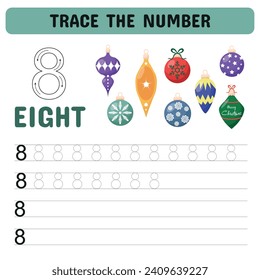 Trace the number . Tracing number worksheet for kindergarten, preschool for learning numbers and handwriting practice activities. Educational children game, printable worksheet. Vector illustration