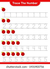 Trace the number. Tracing number with Yumberry. Educational children game, printable worksheet, vector illustration