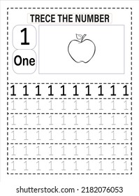 Trace the number. Training writing and counting numbers. Preschool or Kindergarten kids to improve basic writing skills. Number 1. Illustration and vector outline - A4 paper ready to print.