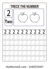 Trace the number. Training writing and counting numbers. Preschool or Kindergarten kids to improve basic writing skills. Number 2. Illustration and vector outline - A4 paper ready to print.