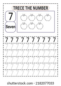 Trace the number. Training writing and counting numbers. Preschool or Kindergarten kids to improve basic writing skills. Number 7. Illustration and vector outline - A4 paper ready to print.