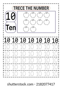Trace the number. Training writing and counting numbers. Preschool or Kindergarten kids to improve basic writing skills. Number 10. Illustration and vector outline - A4 paper ready to print.