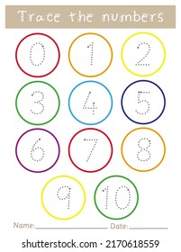 Trace the number 0 to 10, sheet for kids, tracing practice, handwriting activity, prewriting for children