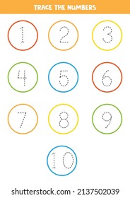 Trace numbers from 1 to 10 in colorful circles. Handwriting practice for preschool kids.