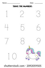 Trace the numbers from 1 to 10. Worksheet with cute unicorn.