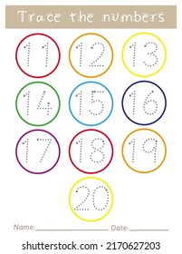 Trace the numbers 11 to 20, worksheet for kids, tracing practice, preschool, handwriting activity