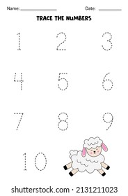 Trace numbers 1-10. Handwriting practice for preschool kids.