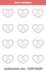 Trace numbers from 25 to 36. Valentine worksheets. Number tracing sheet.