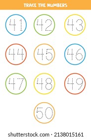 Trace numbers from 41 to 50 in colorful circles. Handwriting practice for preschool kids.