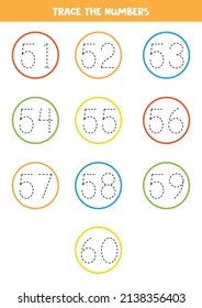 Trace numbers from 51 to 60 in colorful circles. Handwriting practice for preschool kids.