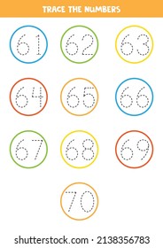 Trace numbers from 61 to 70 in colorful circles. Handwriting practice for preschool kids.