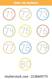 Trace numbers from 71 to 80 in colorful circles. Handwriting practice for preschool kids.