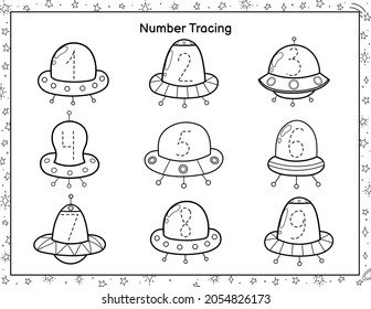 Trace numbers black and white activity page for kids. Space handwriting practice worksheet. Coloring page for preschool. Vector illustration