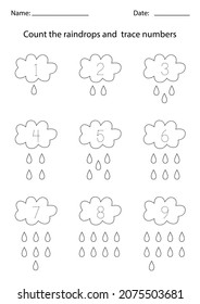 Trace Numbers Color Raindrops Educational Worksheet Stock Vector ...