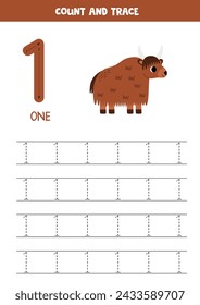 Trace numbers. Number 1 one. Cute cartoon yak. North American animals.