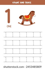 Rastrear números. Número 1 uno. Lindo caballo mecedor de dibujos animados.