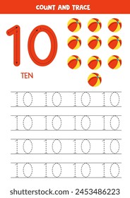Trace numbers. Number 10 ten. Cute cartoon balls.