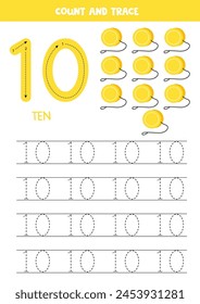 Trace numbers. Number 10 ten. Cute cartoon yellow yo yo.