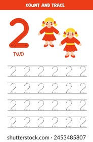 Trace numbers. Number 2 two. Cute cartoon dolls.