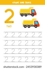 Trace numbers. Number 2 two. Cute cartoon toy trucks.