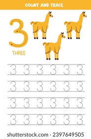 Trace numbers. Number 3 three. Cute cartoon llamas.