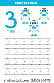 Trace numbers. Number 3 three. Cute cartoon robots.