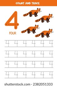 Trace numbers. Number 4 four. Cute cartoon red pandas.