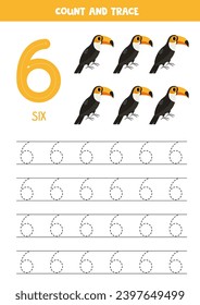 Trace numbers. Number 6 six. Cute cartoon toucans.