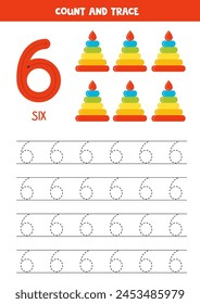 Trace numbers. Number 6 six. Cute cartoon toy pyramids.