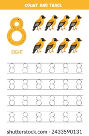 Trace numbers. Number 8 eight. Cute cartoon yellowhammer birds.