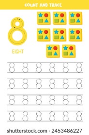 Trace numbers. Number 8 eight. Cute cartoon wooden sorters.