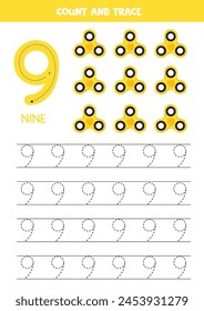 Ablaufverfolgungsnummern. Nummer 9 neun. Nette Cartoon gelbe Spinner.