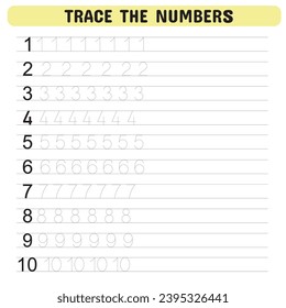 Trace the numbers. Tracing number worksheet for kindergarten, preschool for learning numbers and handwriting practice activities. Educational children game, printable worksheet. Vector illustration