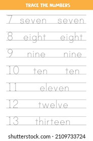Trace the numbers and words from 7 to 13. Worksheet for kids.
