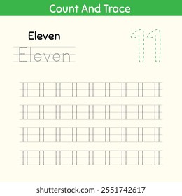 Rastrear números Escribir hojas de trabajo de práctica y números de aprendizaje para el número once de preescolar 11