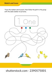 Trace over the number, then find the trail that leads to the group with the same number of images. Prewriting skills. Number tracing worksheet.